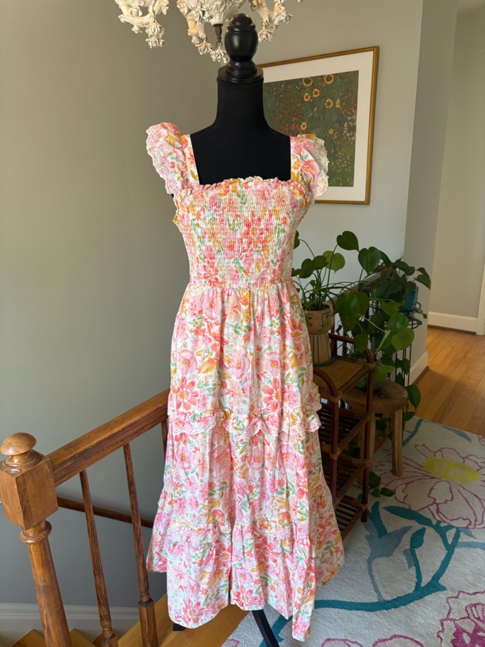 Haute Hippie Georgia Peach Floral Smocked Midi Dress